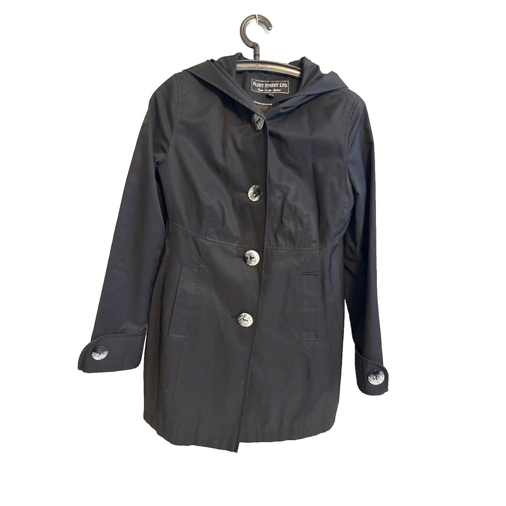 Fleet Street Ltd Black Hooded Trench Coat Jacket S‎ Button Lightweight Pockets